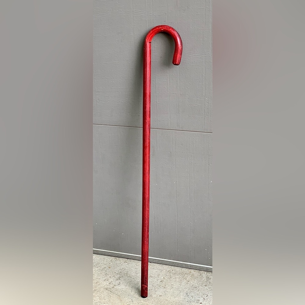 Vtg Solid Wooden Stylish Red & Black Painted Crook Handle Bentwood Walking Stick